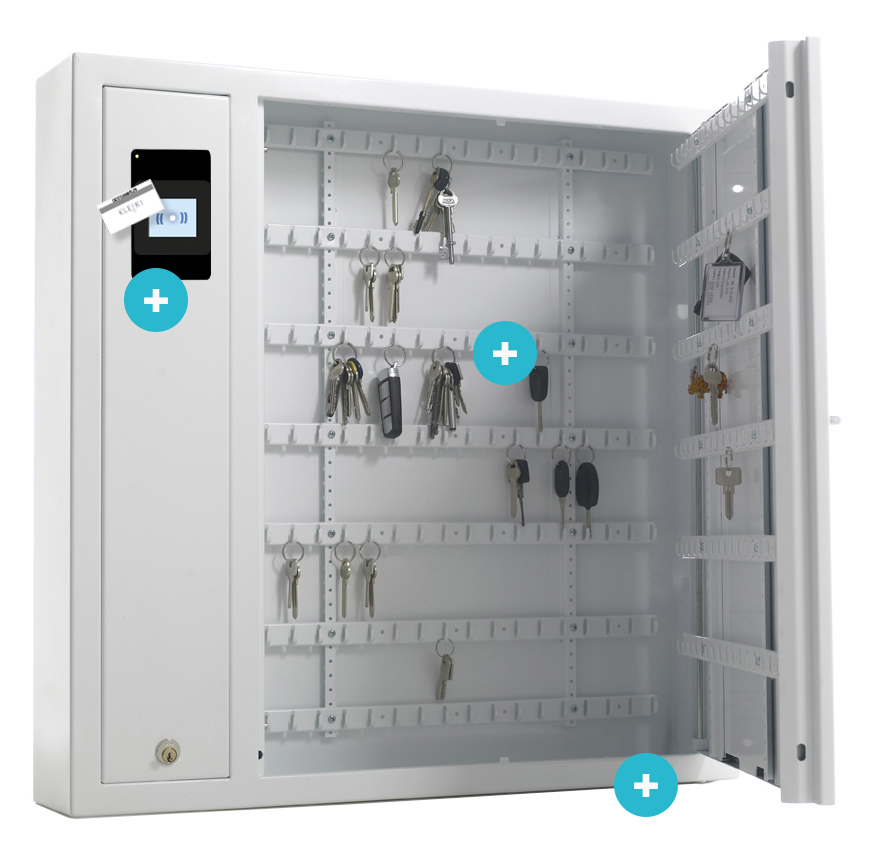 Armoire prête à câbler équipée de crochets pour clés.